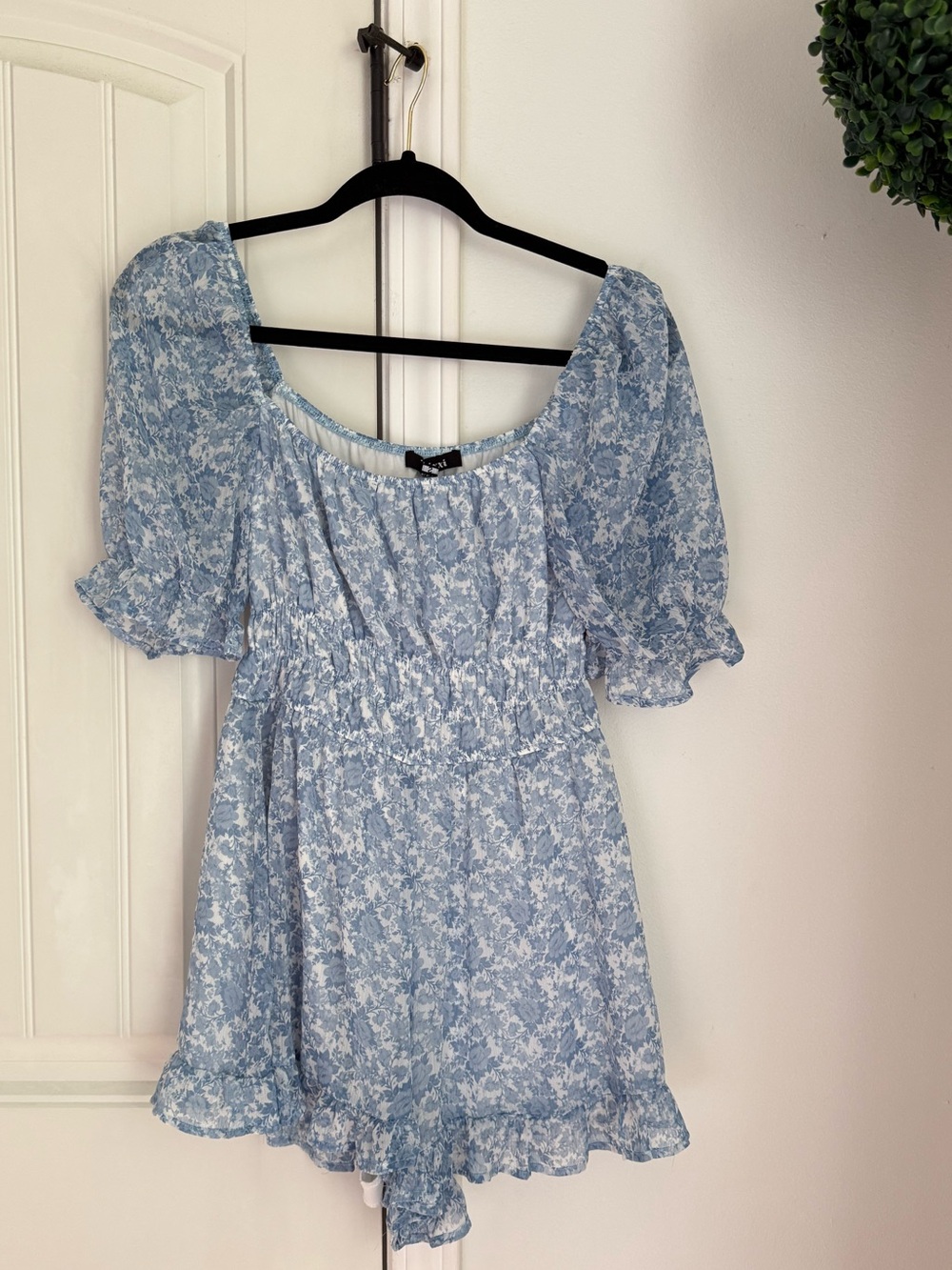 Trixxi Blue and White Floral Off-Shoulder Mini Dress